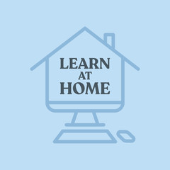 Learn at home text in computer screen illustration. E-learning  message for quarantine times in coronavirus pandemic outbreak. Online education symbol. 