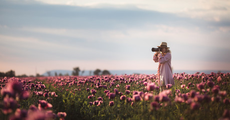 Beautiful blond-hair woman in hat takes photos in the Lilac Poppy Flowers field