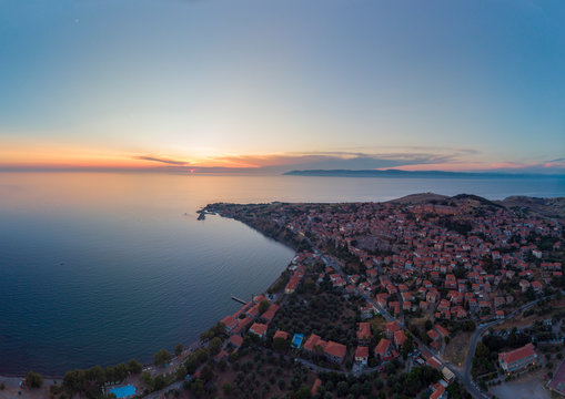 Aerial view of Lesbos Island of Greece during sunset