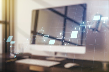 Fototapeta premium Double exposure of abstract creative financial chart on modern laptop background, research and strategy concept