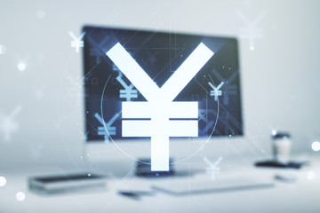 Obraz premium Double exposure of creative Japanese Yen symbol hologram on laptop background. Banking and investing concept