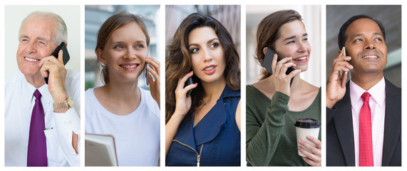 Cheerful positive businesspeople talking on cellphones portrait set. Men and women of different ages and races with mobile phones multiple shot collage. Communication concept