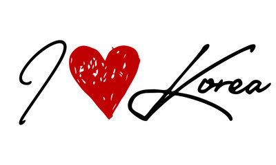 I love Korea Red Heart and Creative Cursive handwritten lettering on white background.