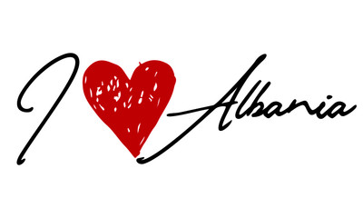I love Albania Red Heart and Creative Cursive handwritten lettering on white background.