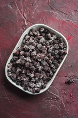 Macro shot of frozen blueberries