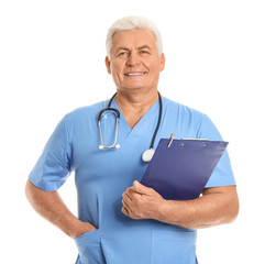 Portrait of male doctor on white background