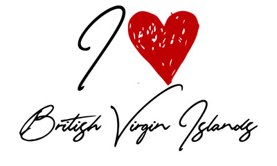 I love British Virgin Islands Red Heart and Creative Cursive handwritten lettering on white background.