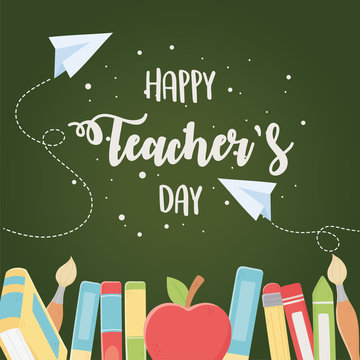 happy teachers day, school education elements apple and books