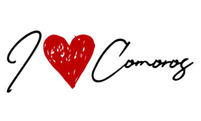 I love Comoros Red Heart and Creative Cursive handwritten lettering on white background.