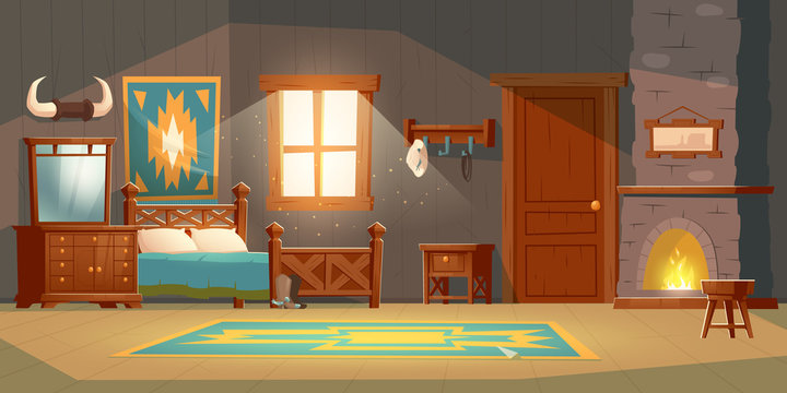 Cowboy bedroom interior with wooden bed, nightstand, fireplace and hat on hanger. Vector cartoon illustration of room in rustic house in wild west, western ranch with bull horns, carpet and mirror