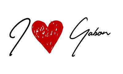 I love Gabon Red Heart and Creative Cursive handwritten lettering on white background.