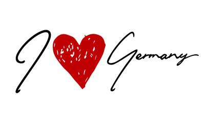 I love Germany Red Heart and Creative Cursive handwritten lettering on white background.