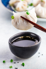 Dumpling being dipped in soy sauce with chopsticks