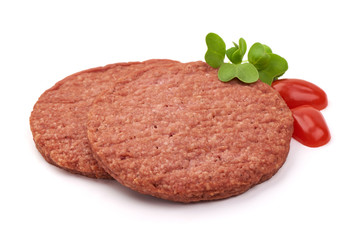Raw burger cutlets, ingredients for hamburger, isolated on white background