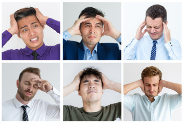 Stressed unhappy multiethnic guys suffering from headache portrait set. Young men of different...