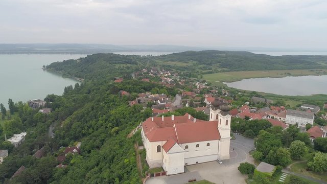 abbey, aerial, ancient, architecture, balaton, beautiful, benedictine, bird eye view, blue, building, cathedral, christian, christianity, church, cloudy, country, cross, drone, faith, fly, garden, his