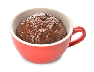 Chocolate mug cake on white background