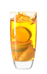 Glass of tasty cold ice tea with splash on white background