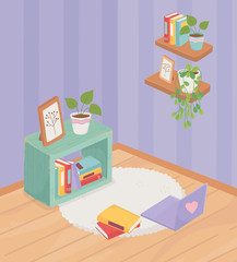 sweet home bookcase frame plant carpet laptop books on carpet shelves decoraiton