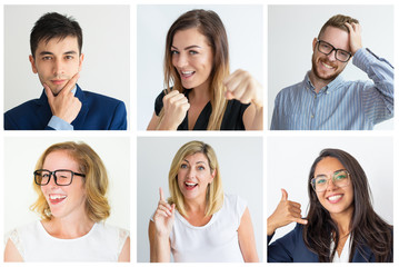 Positive successful people with different gestures portrait set. Men and women of different ages...