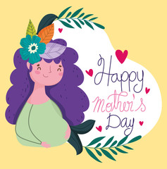 happy mothers day, woman with flower arrangement in head floral decoration