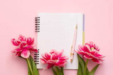 Notebook on a spiral with a blank white sheet, pen and pink tulips on a pastel pink background with...