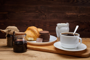 hot coffee put on table, drink breakfast in the morning day