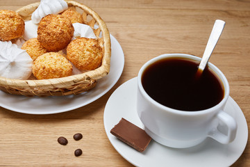 hot coffee put on table, drink breakfast in the morning day