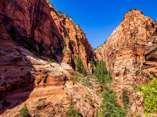 Fototapeta na wymiar Southwest usa Zion National Park The main part of the park is Zion Canyon surrounded by the walls of the Deertrap, Cathedral and Majestic Mountain mountains. The Virgin River flows through the canyon.