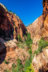 Southwest usa Zion National Park The main part of the park is Zion Canyon surrounded by the walls of the Deertrap, Cathedral and Majestic Mountain mountains. The Virgin River flows through the canyon.