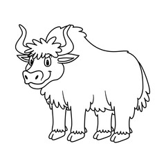 Cartoon Animal Yak. Raster illustration. For pre school education, kindergarten and kids and children. Coloring page and books, zoo topic. With smiling happy face, friendly friendly furry cow bull