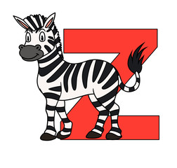 Animal alphabet. capital letter Z, Zebra. Raster illustration. For pre school education, kindergarten and foreign language learning for kids and children. For print and books, zoo topic.