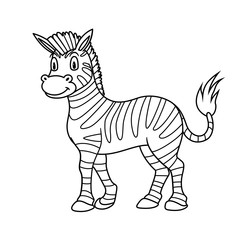 Cartoon Animal Zebra. Raster illustration. For pre school education, kindergarten and kids and children. Coloring page and books, zoo topic. With smiling happy face, friendly african striped horse