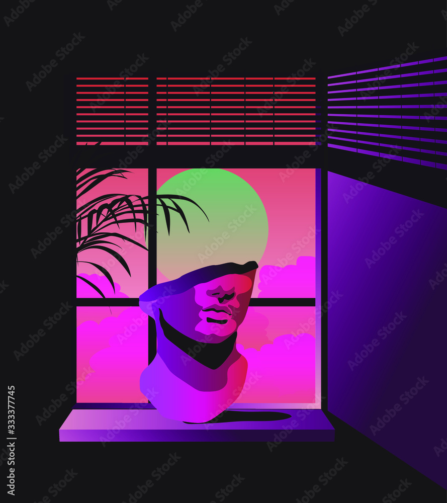 Poster room interior with open window and marble sculpture standing on the windowsill. ambient scene with v