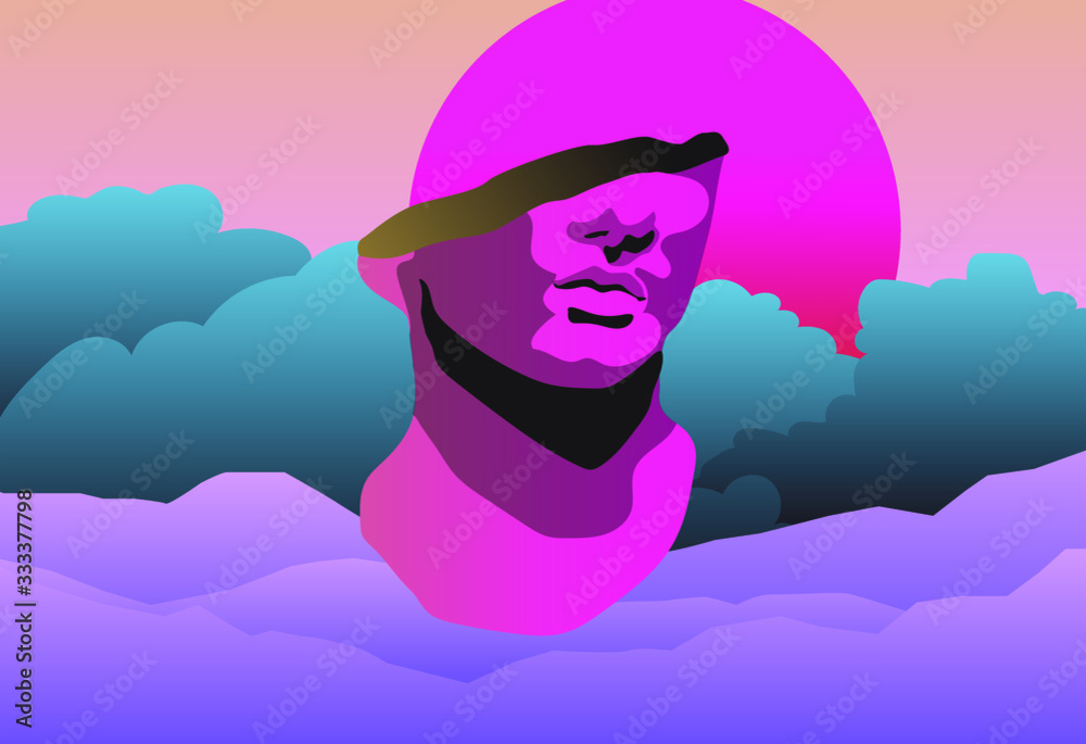 Poster surrealistic hellenistic marble bust or colossal head of a youth in clouds and neon lightning. vapor