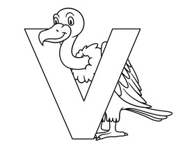 Animal alphabet. capital letter V, Vulture. Raster illustration. For pre school education, kindergarten and foreign language learning for kids and children. Coloring page and books, zoo topic.