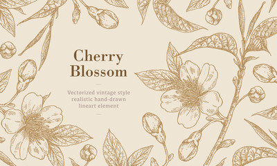 Cherry blossom vectorized vintage hand drawn lineart elements