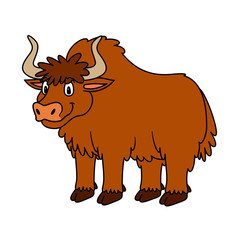 Cartoon Animal Yak. Raster illustration. For pre school education, kindergarten and kids and children. For print and books, zoo topic. Smiling with happy face.