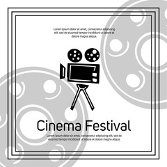 Obraz premium Cinema festival banner template with text space. Retro movie camera vector illustration in doodle style.