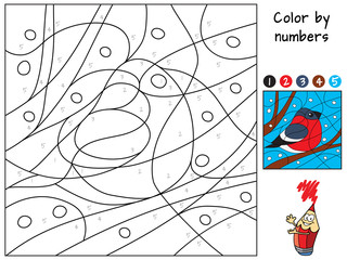 Little bird. Bullfinch. Color by numbers. Coloring book. Educational puzzle game for children. Cartoon vector illustration