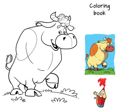 Funny young bull. Coloring book. Cartoon vector illustration