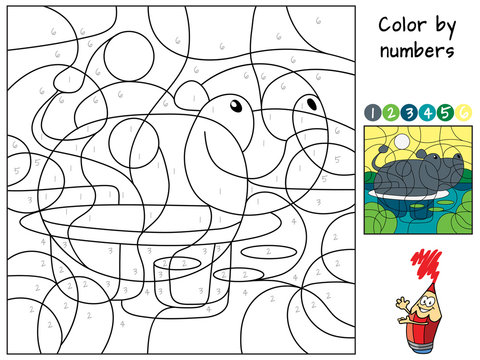 Funny hippo. Color by numbers. Coloring book. Educational puzzle game for children. Cartoon vector illustration