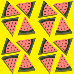 Cotton fabric seamless pattern of a piece of watermelon on a yellow background. Vector image