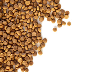 Top view of goodies on white isolated background for pets, cats and dogs, containing Cannabidiol CBD, medical cannabis compound used because of its medicinal properties, medical marijuana. Copy space