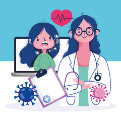 online health, female doctor with computer and patient with cough covid 19 pandemic