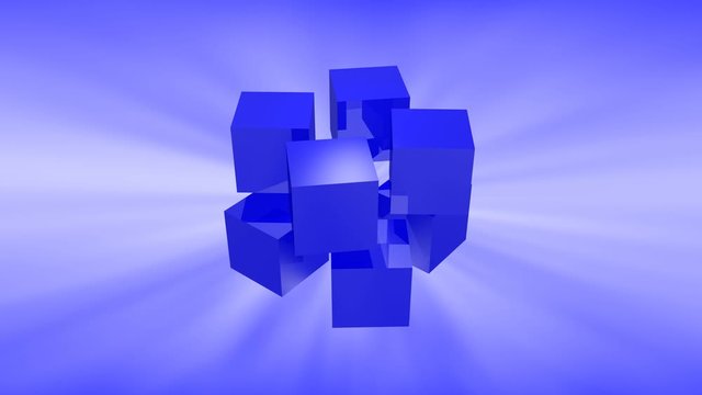Abstract 3D rendering. Group of glossy blue cubes animation on blue background.  Cubes with reflection. Rotation of geometric shape.
