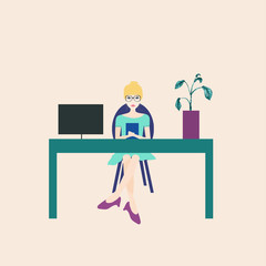 woman works office work at home