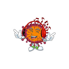 cartoon mascot design of COVID19 syndrome enjoying music