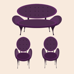  designer purple sofa and armchair