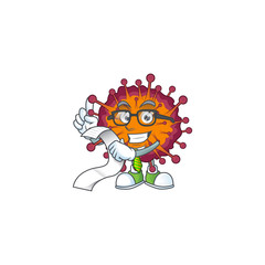 cartoon character of COVID19 syndrome holding menu on his hand